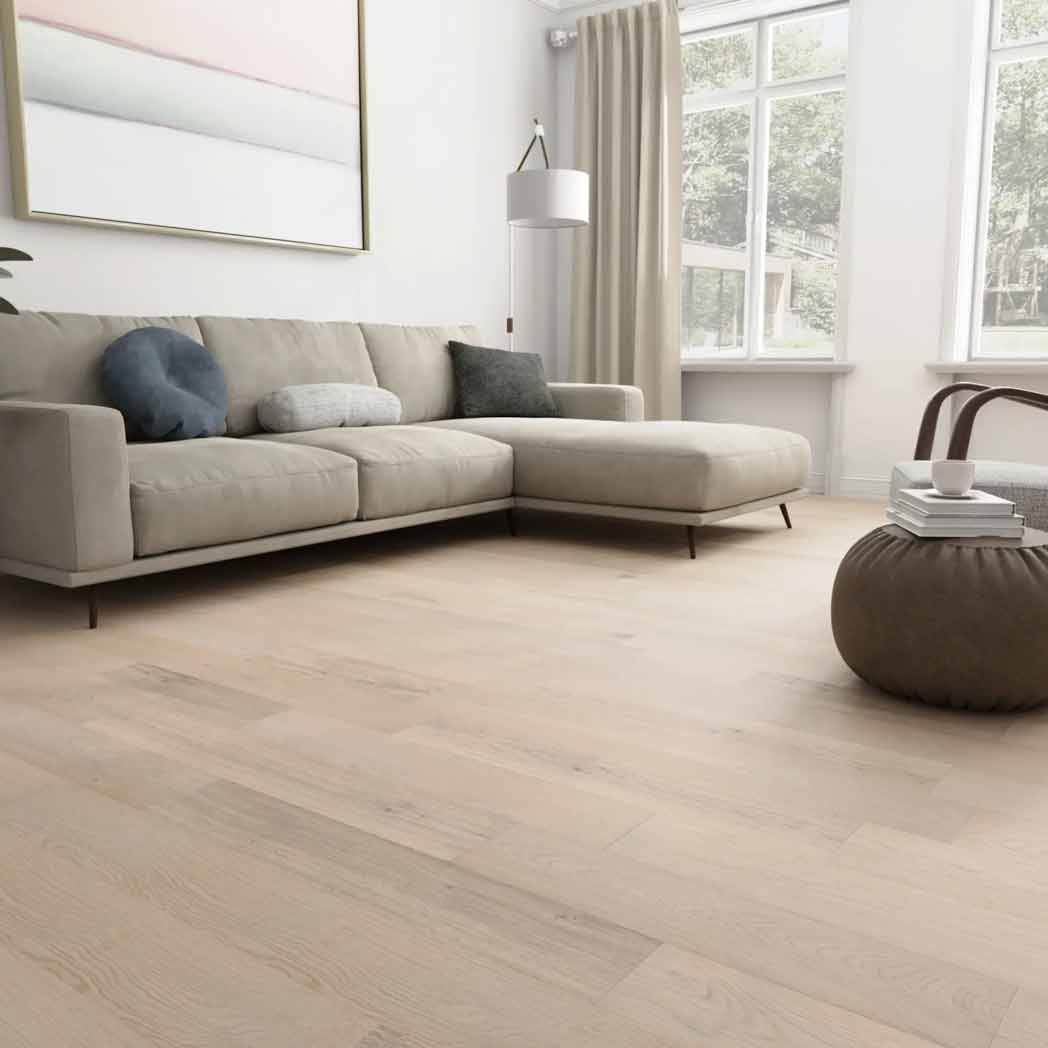 Cali Floors Engineered Hardwood Barrel Collection Beach Town Blanc room