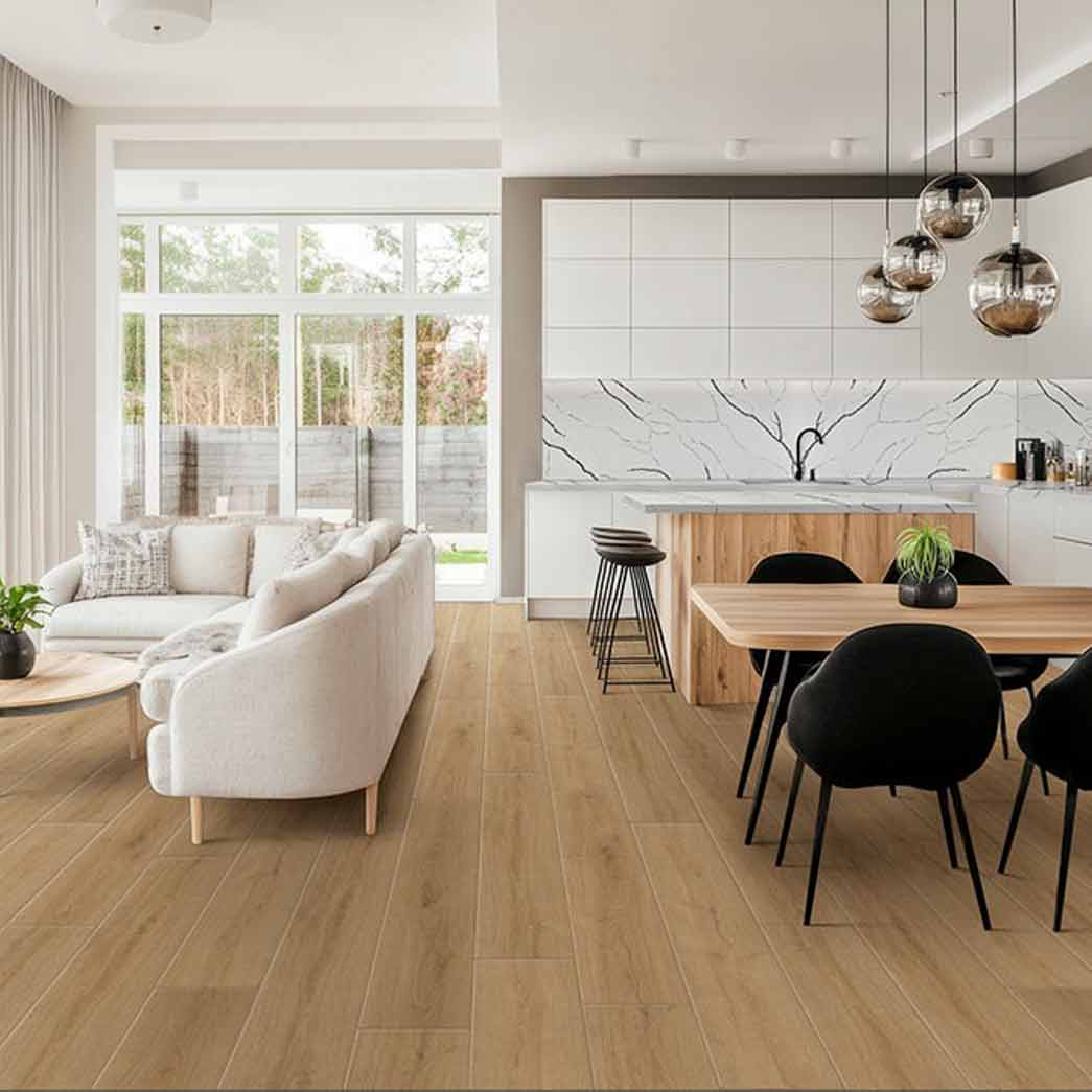 Modern wood-look flooring in an open concept interior