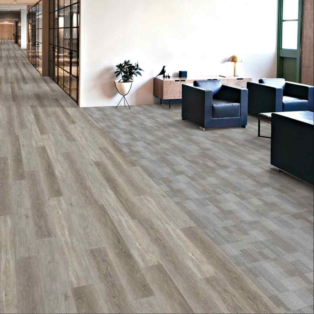 Matrexx Floors Glue Down Luxury Vinyl Plank Sawmill Road Antique Gray Oak NXF436001 room