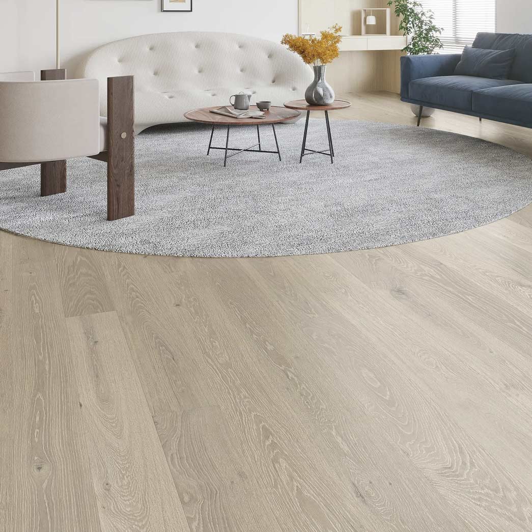 Xulon Westview-Polar 9/16" European White Oak 3mm Veneer Wirebrushed 7.5" Engineered Hardwood Flooring-Room Scene