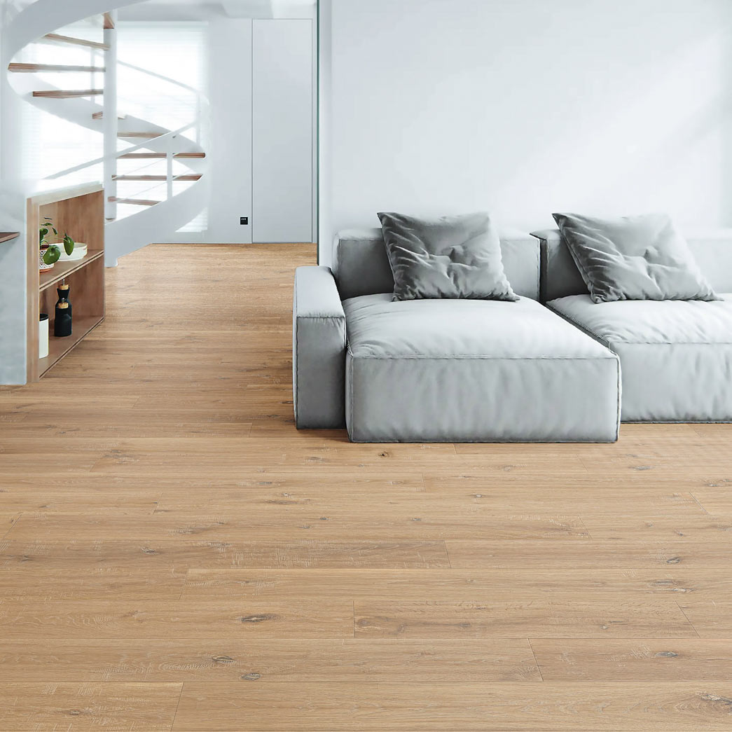 Terra Floors-Oakley-Crawley-Natural Solid Oak Prefinished Handscraped Hardwood Flooring-Room-Scene