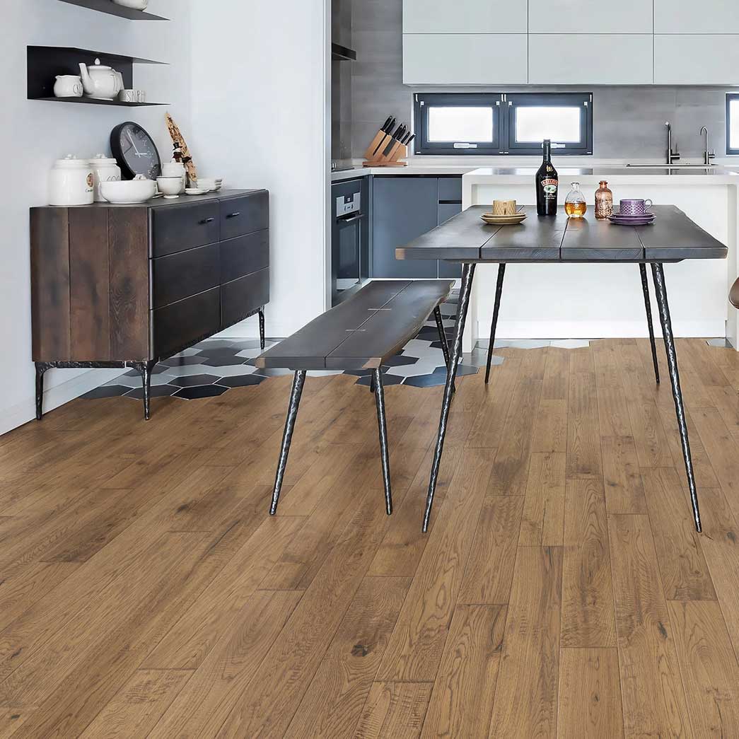 Terra Floors Oakley-Barrow Wheat Solid Oak Prefinished Handscraped Hardwood Flooring-Room Scene