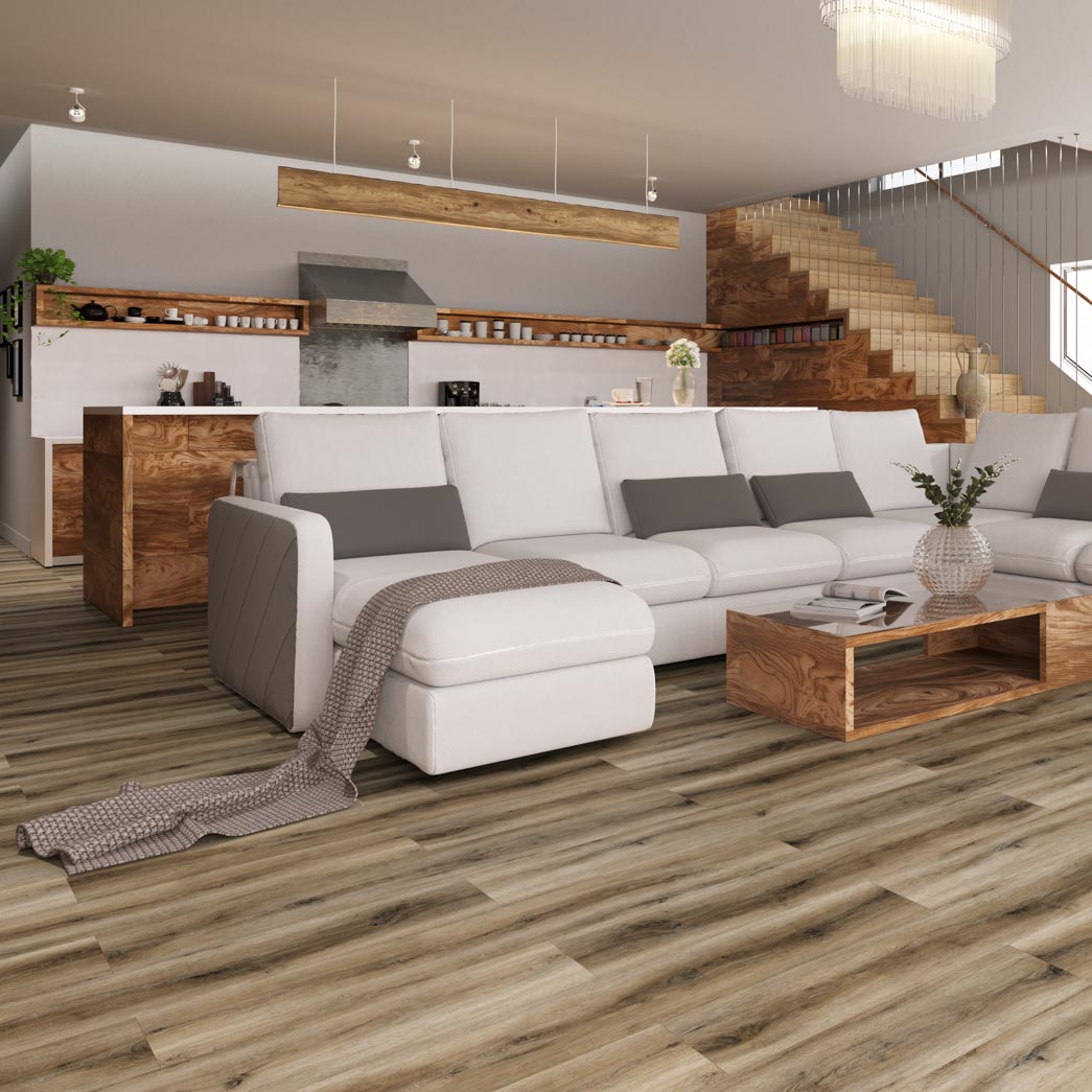 Xulon Flooring Wilshire XF07WI Cannes 6.5mm 20mil EIR Painted Bevel SPC Vinyl Plank Room Scene